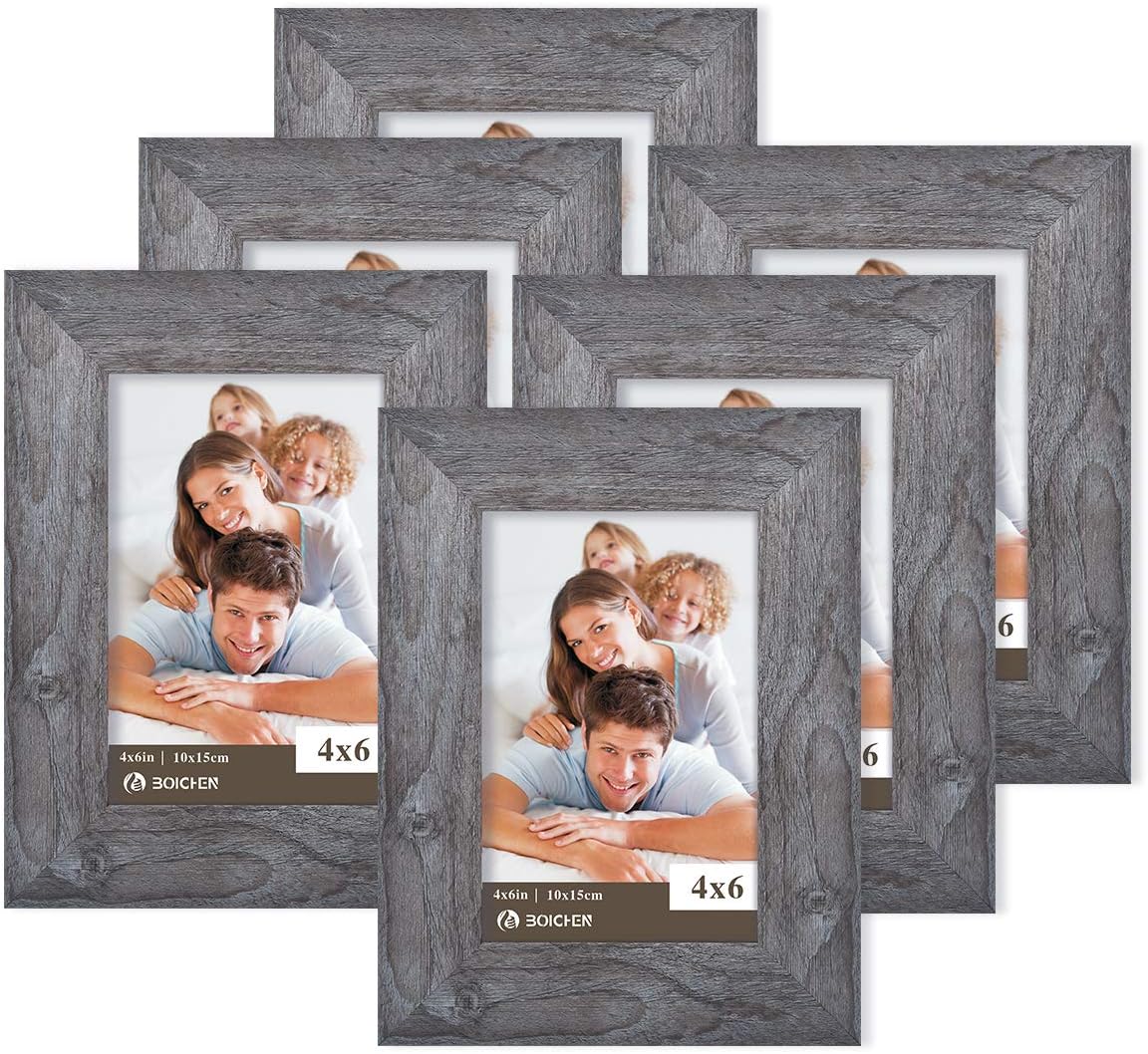 Picture Frames 4x6 Gray (set of 6 Pack) - Rustic Farmhouse Wooden Frame - Photo Frame with Polished High Definition Glass for Table Top and Wall Mounting