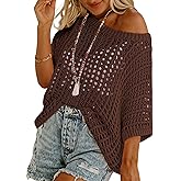 ATHMILE Womens Short Sleeve Sweaters Scoop Neck Summer Beach Cover up Casual Crochet Hollow Out Knit Tops Pullover Shirts