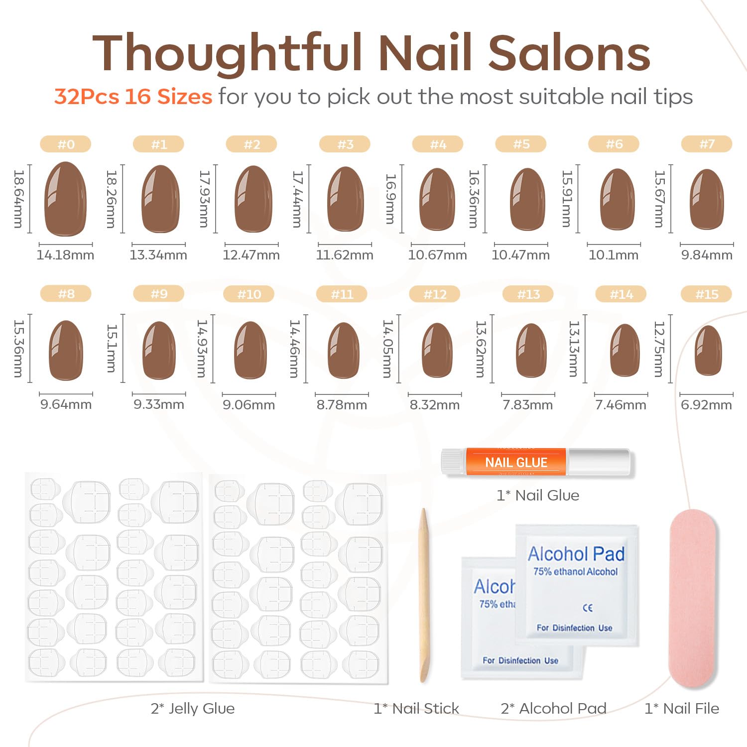 modelones Fall Press on Nails Short, 32Pcs 16 Sizes Oval Fake Nails Kit Press Ons with Nail Glue, Adhesive Tabs, Nail File, Prep Pad, Manicure Stick, Cold Brown - Image 3