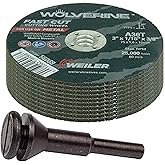 Weiler 56089 Die Grinder Cut-Off Wheel and Mandrel Kit including 56490 Mandrel and 3-Inch x 1/16" Wolverine T1 Thin Wheels, A36T, 3/8" AH (1 Mandrel and 10 Cutting Discs)