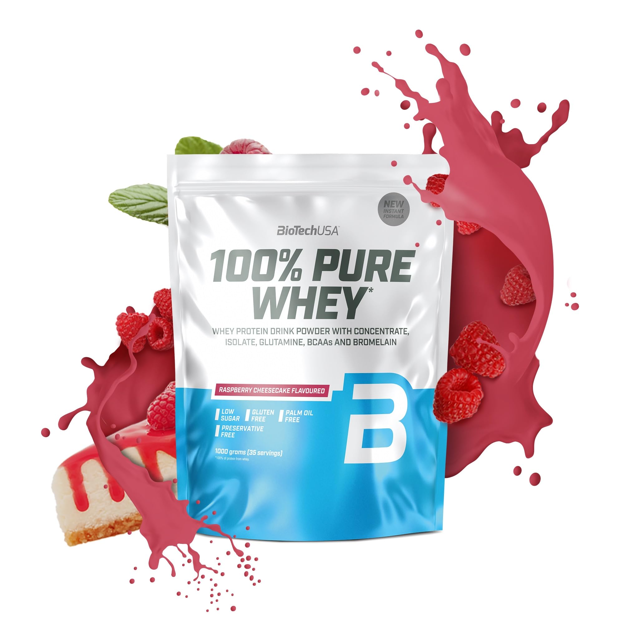 BioTechUSA 100% Pure Whey | Protein Powder with BCAA and Glutamine | Gluten-Free, Palm Oil Free | 21g Protein per Serving, 1 kg, Raspberry Cheesecake