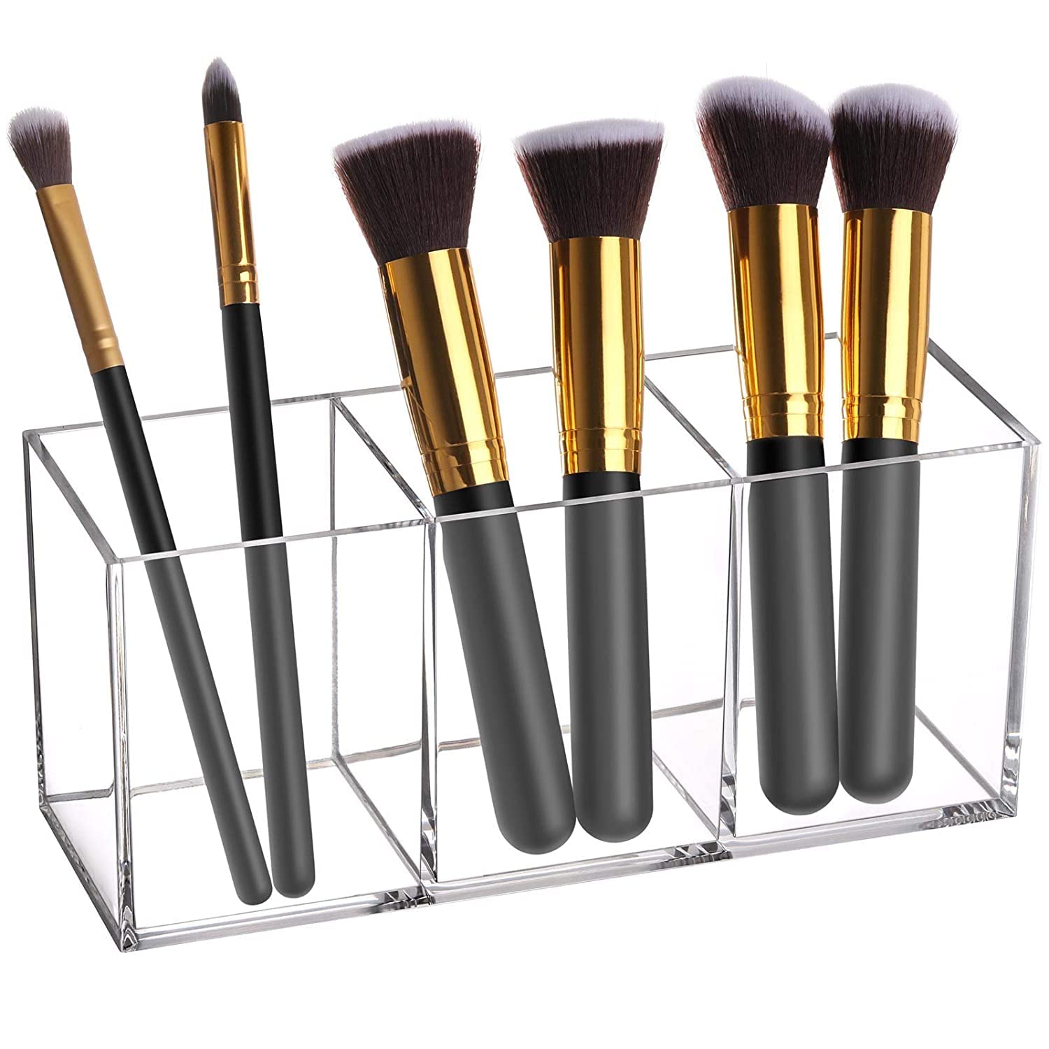 OWAYOTO Clear Acrylic Makeup Brush Organizer - 3 Slot Office Desk Stationery Tray