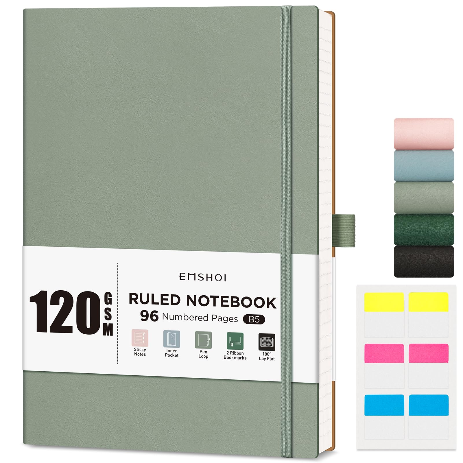 EMSHOI B5 Notebook Lined - 120 GSM Lined Paper, 96 Numbered Pages Softcover College Ruled Composition Notebooks with Free Sticky Notes for Women Men Office School,19 X 25 cm - Light Green