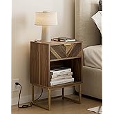 Masupu Nightstand with Charging Station,Modern Night Stand Boho Farmhouse Wood Bedside Table with Storage Drawer Side End Table for Bedroom,Living Room,Office,Walnut Brown with Outlet