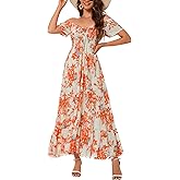 Women's Summer Casual Short Sleeve V Neck Smocked Elastic Waist Tiered Boho Floral Flowy Maxi Dress