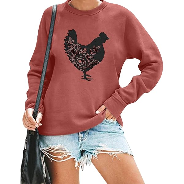 Women's Cute Chicken Thanksgiving Sweatshirt - Farm Chicks Graphic, Loose Fit Hoodie - View #7