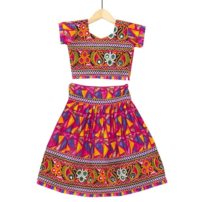 Banjara By Hopscotch Girls Cotton Sleeveless Embroidery Lehenga And Blouse Set in Red Color