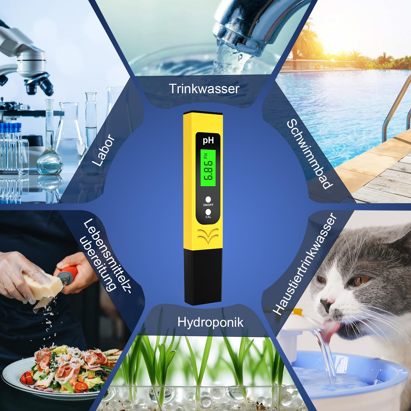 Keero pH Messgerät Hochpräzision (± 0.01), Water Tester, pH Wert Messgerät Pool mit Blau Hinterleuchtetem LCD-Display & Automatischer Temperaturkompensation,für Trinkwasser/Poolwasseranalyse-Gelb 5