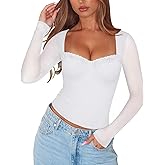 PINKMSTYLE Womens Sheer Mesh Lace Trim Tops Long Sleeve Square Neck Going Out Top Date Night Out Outfits