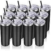 VEGOND Stainless Steel Tumblers Bulk 12 Pack, 20 oz Vacuum Insulated Skinny Tumblers with Lids and Straws, Double Wall Coffee Mug, Travel Water Cup, Black