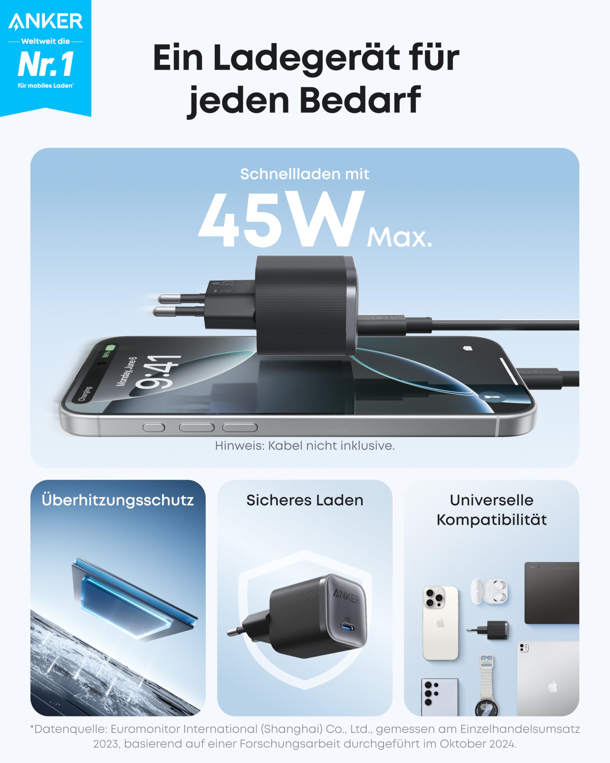 Anker Nano 45W USB C Ladegerät, kompakter Netzteil, Schnellladegerät für iPhone 17/Pro/Pro Max/iPhone Air/16/15, MacBook, Pixel 9, iPad, Samsung Galaxy S25 Ultra/S24 Serie (inkl. 1,8m Kabel) 2
