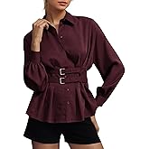 MISSACTIVER Women Button Down Pleated Shirts Long Sleeve Stand Collar Loose Fit Buckle Peplum Blouse Tunic Tops