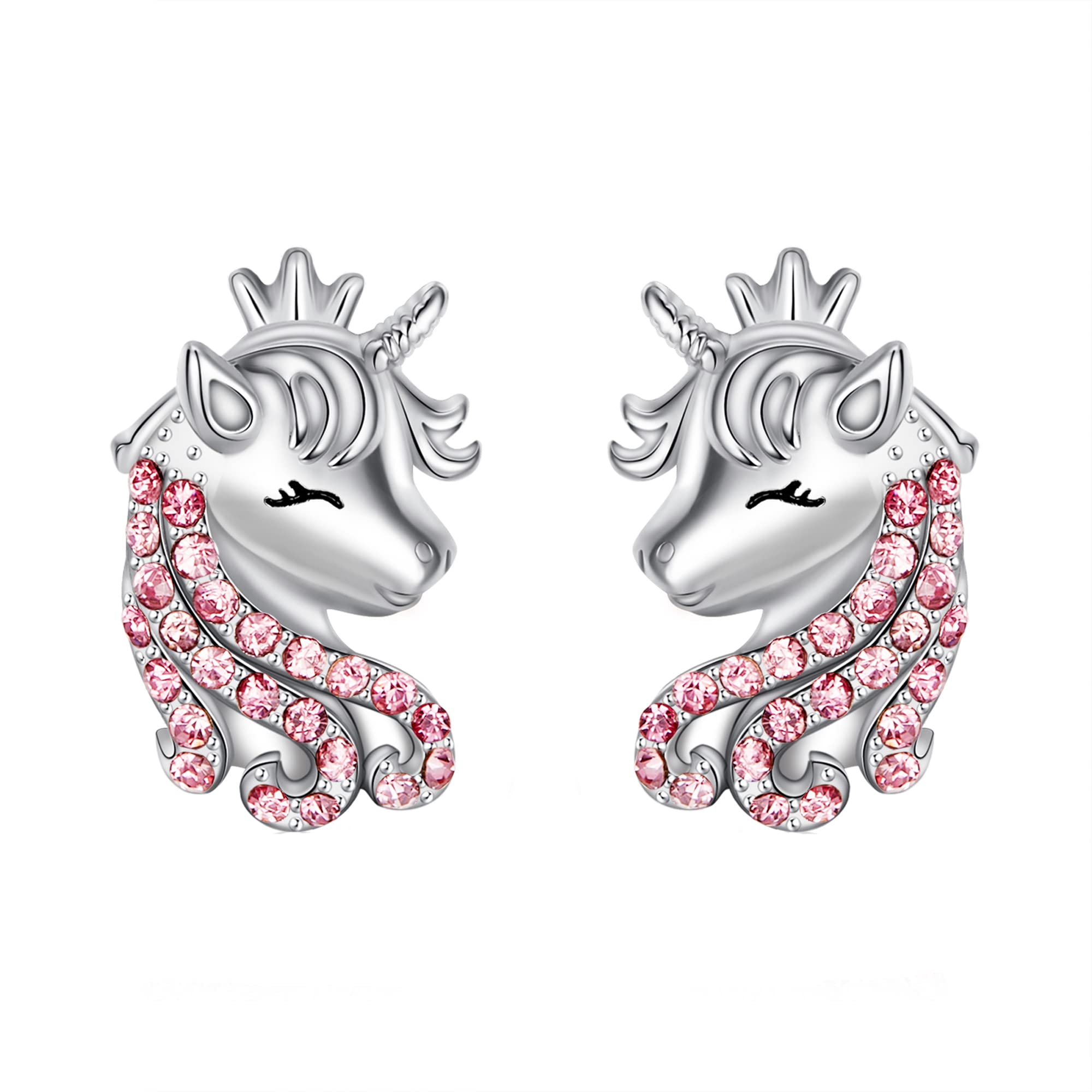 Unicorn Earrings for Girls, 925 Sterling Silver Pink CZ Lucky Unicorn Stud Earrings Birthday Christmas Jewellery Gifts for Daughter Granddaughter