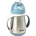 BEABA Stainless Steel Straw Sippy Cup, Insulated Toddler Cups Spill Proof with Removable Handles, Made with High Grade Stainless Steel, 8+ months, 8.5 oz (Rain)