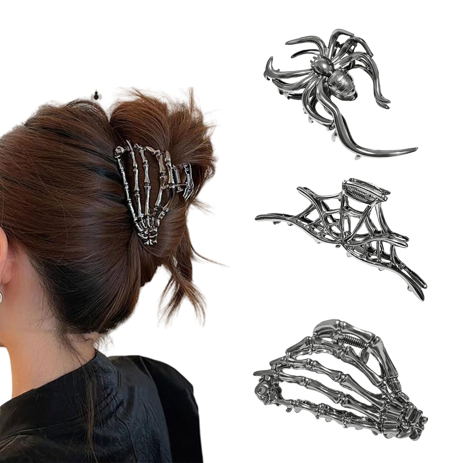 GlamRays 3 Piece Large Metal Spiderweb Hand Hair Claws for Women and Girls Thick Long Hair, Nonslip Skeleton Spooky Barrette Headband Hair Styling Accessories