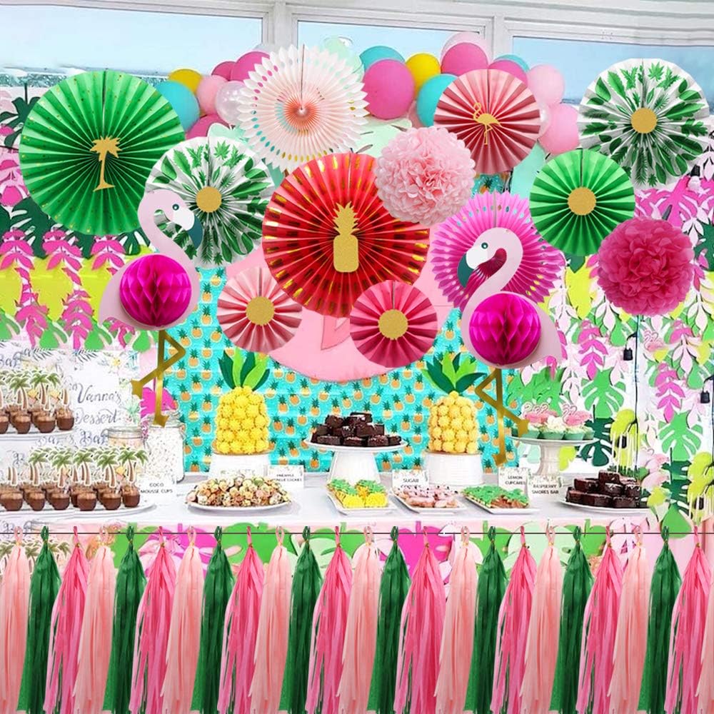 KAXIXI Tropical Flamingo Party Supplies, Pink Honeycomb Balls Hanging Paper Fans Pom Poms Flowers Tissue Tassels for Birthday Baby Shower Decorations Bachelorette Hawaiian Summer Beach Party: Home & Kitchen