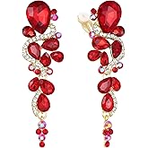 BriLove Wedding Bridal Clip-On Earrings for Women Bohemian Boho Crystal Multiple Teardrop Chandelier Dangle Jewelry Ruby Color Gold-Toned