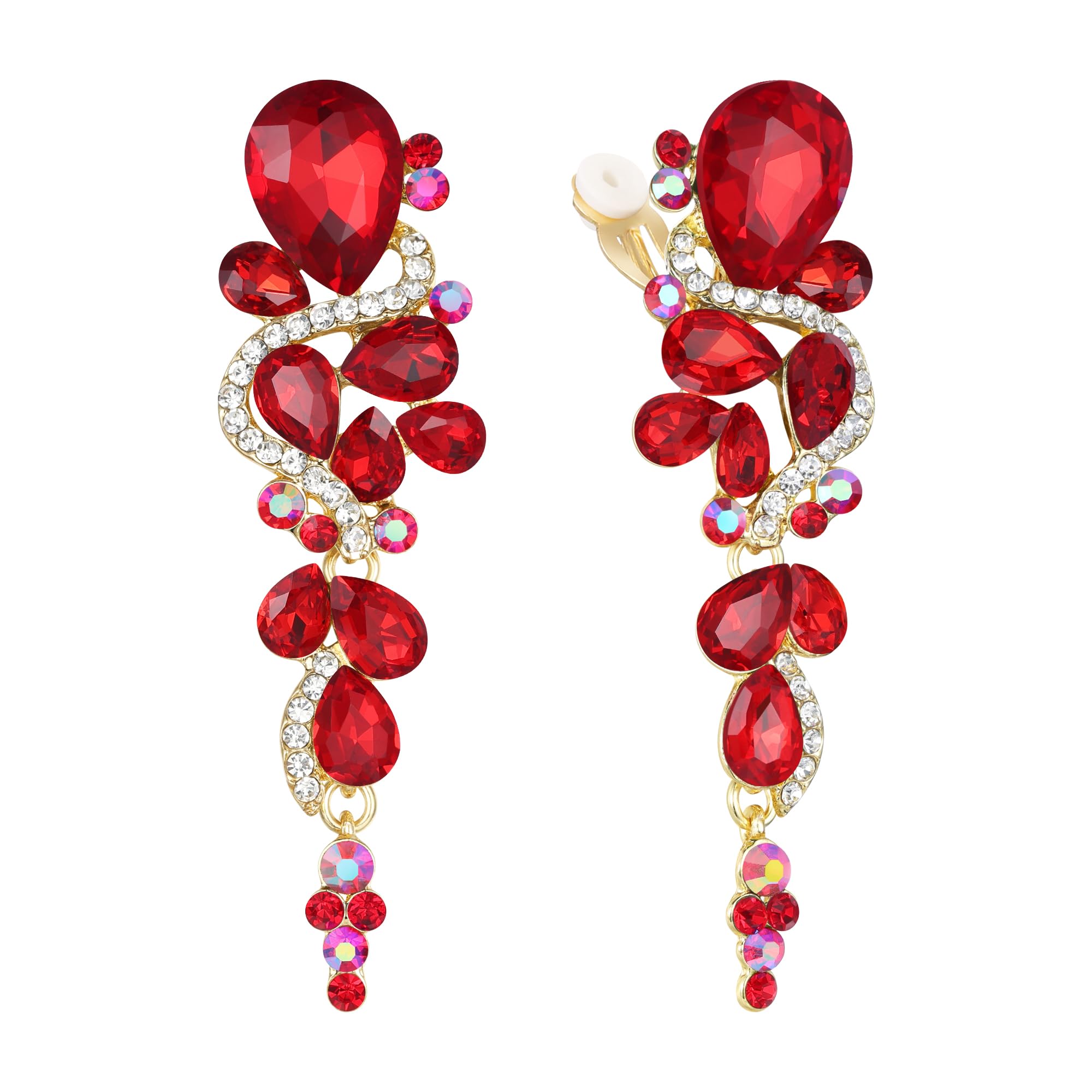 Clearine Wedding Clip-On Earrings for Bridal Statement Costume Bohemian Boho Crystal Teardrop Cluster Long Drop Chandelier Dangle Earrings Ruby Gold-Tone