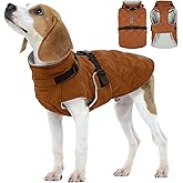 Kuoser Dog Coat Warm Fleece Lining Turtleneck Dog Jacket with Harness Built-in, Adjustable Windproof Cold Weather Coats with Quick Release Buckle Pet Winter Snowsuit for Medium Large Dogs, Khaki L
