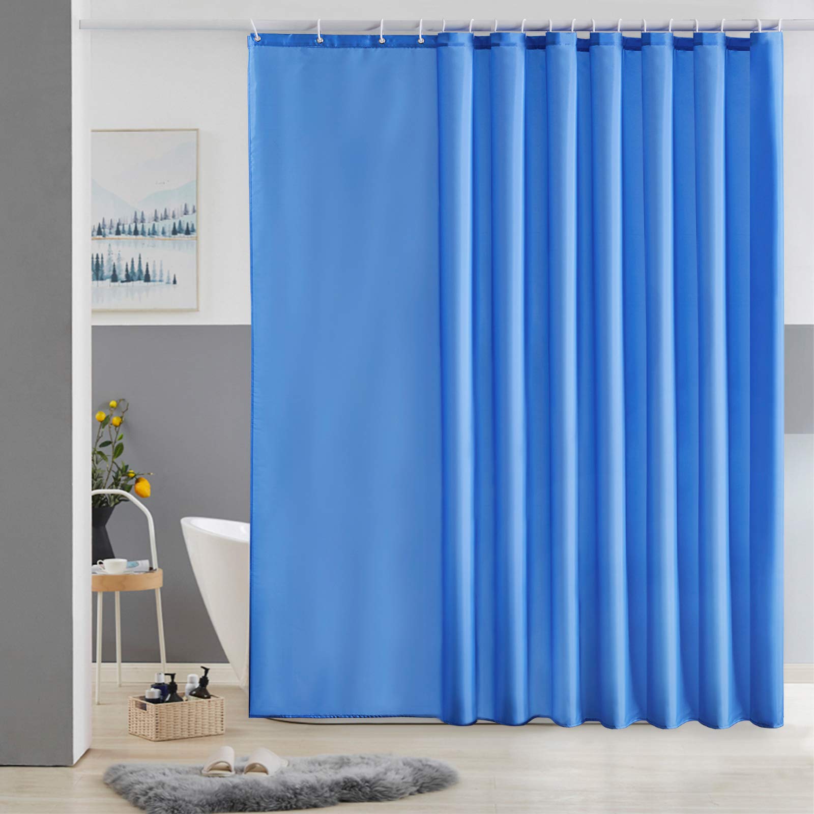 Furlinic Extra Wide Shower Curtain Fabric Washable Mould Proof Waterproof for Bathroom Bath Curtains Sets With 18 PCS Plastic Hooks Blue W108 x H72 Inch 275 x 180cm.