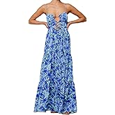 Summer Floral Sundress for Women Spaghetti Straps Hollow Out Tie Front Maxi Dress Flowy Smocked Bohemia Dress