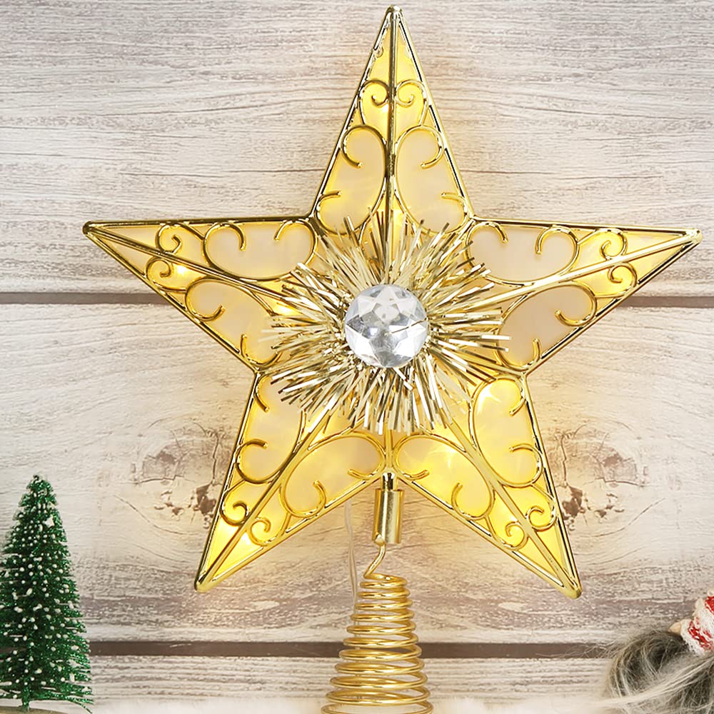 Adeeing 27 CM Christmas Tree Topper, 10.6 Inch Gold Star Tree Topper with 10 Lights Glitter Shatterproof Plastic Star for Party Home Christmas Tree Decoration