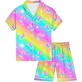 Kids Girls Pajama Set Silky PJS Button-Down Sleepwear Nightwear Loungewear Clothes Set Gifts
