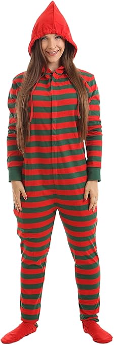 Erwachsenenstrampler Schlafoverall Onesie Pyjamas Ganzkörperschlafanzug MIT Füßen und Kapuze 'Elfie' Rot-Grün XS-XXL
