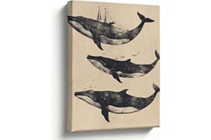 Whale Oil Painting Canvas Wall Art, Vintage Linocut Style Marine Trio Art Print, Rustic Coastal Decor for Bathroom Living Roo