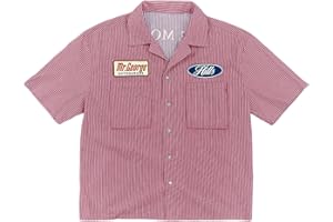 GORGLITTER Men's Cropped T Shirt Oversized Striped Button Up Letter Graphic Short Sleeve Collared Crop Tops Streetwear