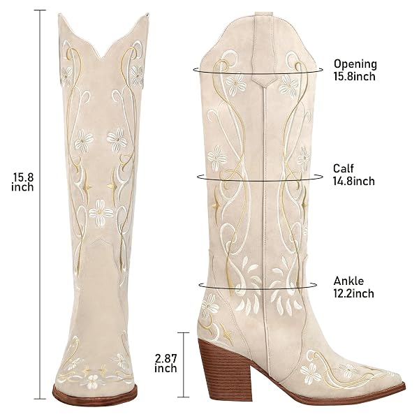 LEUNDEN BEIGE COWBOY BOOTS FOR WOMEN, KNEE HIGH COWGIRL BOOTS WITH POINTED TOE, CHUNKY HEEL, FLORAL EMBROIDERY WESTERN BOOTS SUEDE TALL BOOTS SIZE 10