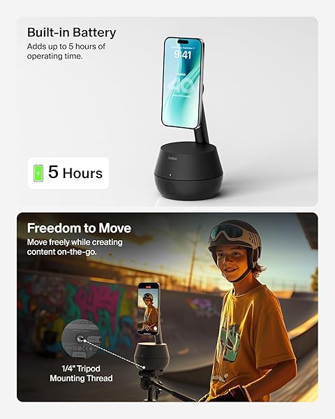 BELKIN WIRELESS CHARGER STAND, AUTO FACE TRACKING, APPLE DOCKKIT CERTIFIED, TRIPOD & MAGSAFE COMPATIBLE, NO APP REQUIRED, 360° ROTATION, INFLUENCER CONTENT, WORKS W/FACETIME, TIKTOK, YOUTUBE, ETC.