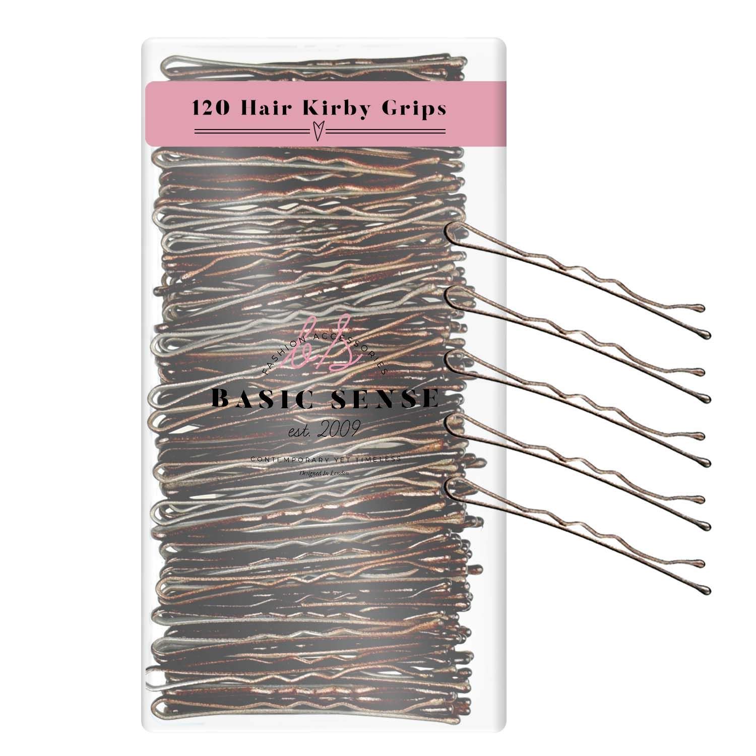 BasicSense 120 PCS Essential Wavy Kirby Metal Bobby Pins Grips Hairpins Plastic Box Package for Storage, 5cm(2 inch),Dark Brown