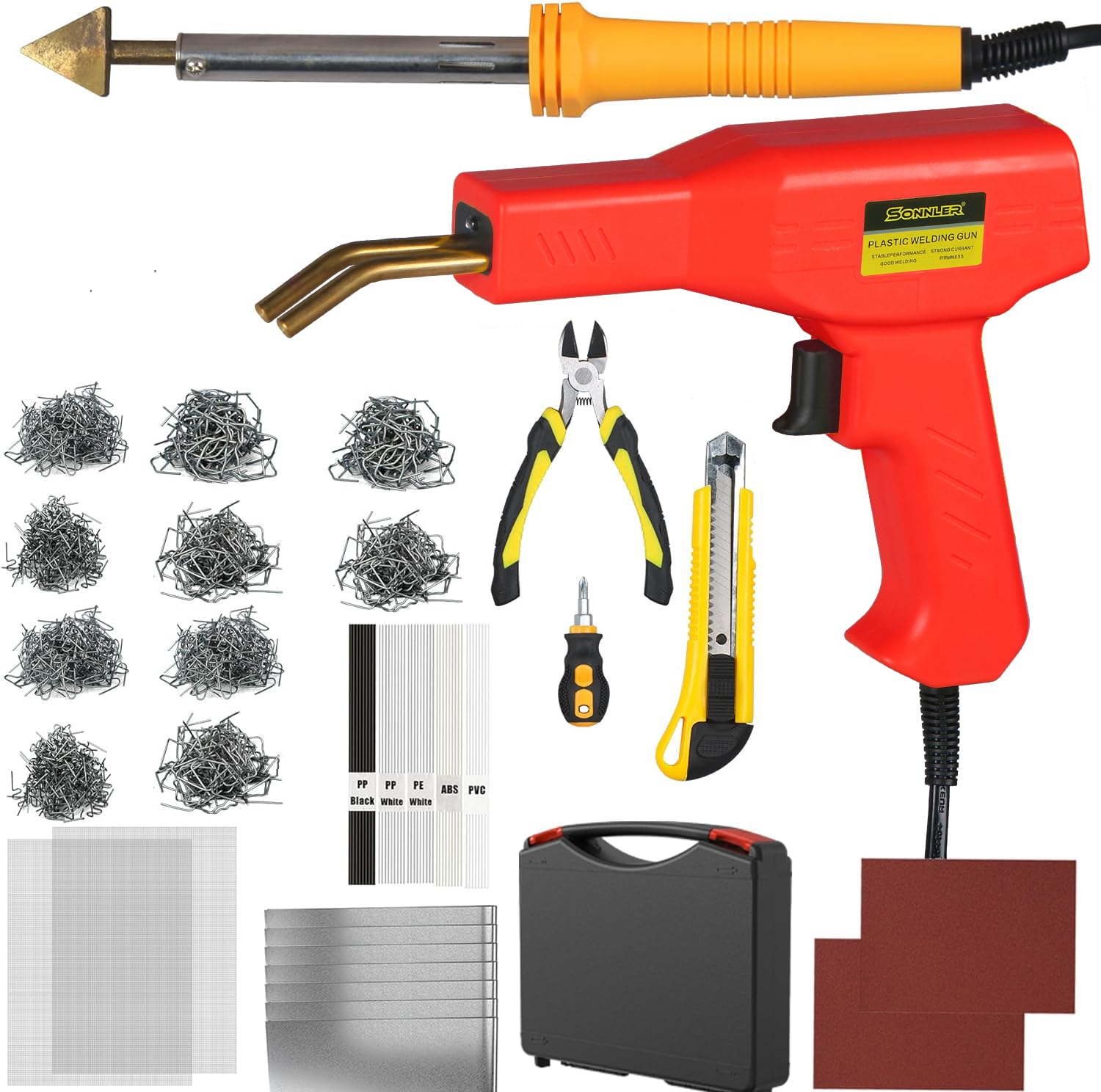 Photo 1 of Plastic Welder Kit, 800 PCS Hot Stapler Plastic Repair Kit For Car Bumper Crack Repair, Plastic Welding Kit With Plastic Iron, Plastic Rods,Mesh,Abrasive Paper,Aluminum Tape(RED)