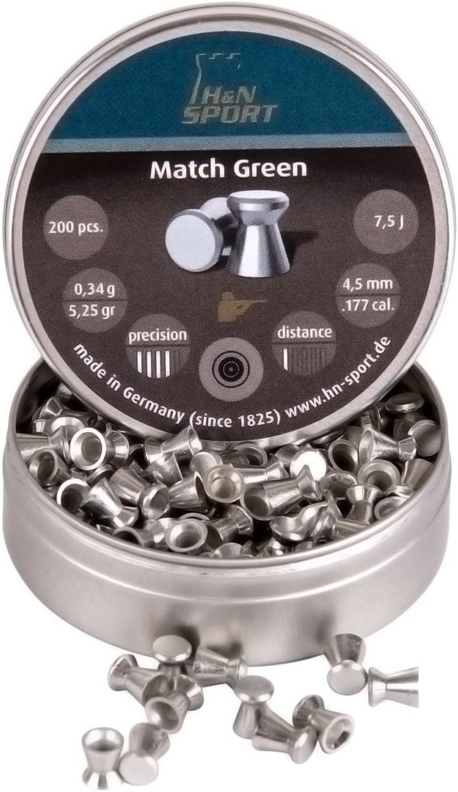H&N Match Green Airgun Pellets 0.177 Cal, 5.25 Grains, Wadcutter, Lead