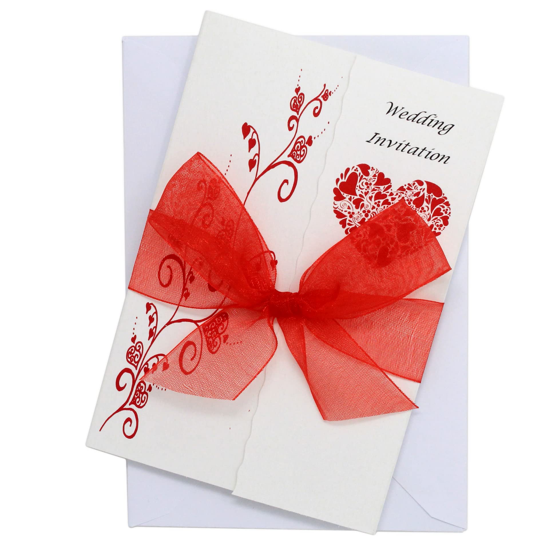 Pack of 10 Red Wedding Invitations with ribbon and envelopes- Gatefold style!
