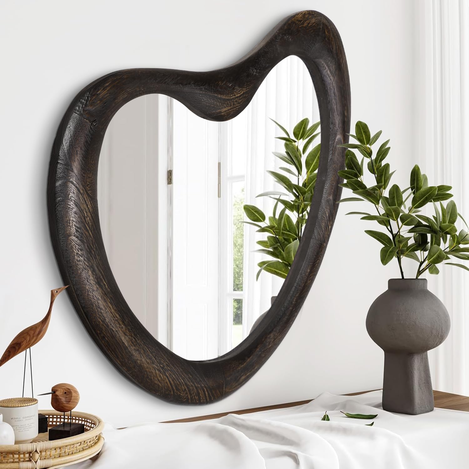 Asymmetrical Wall Mirror, Large Black Framed, Unique Irregular Dressing Mirror for Bedroom, Living Room, Entryway, 65 x 45cm Rustic Brown