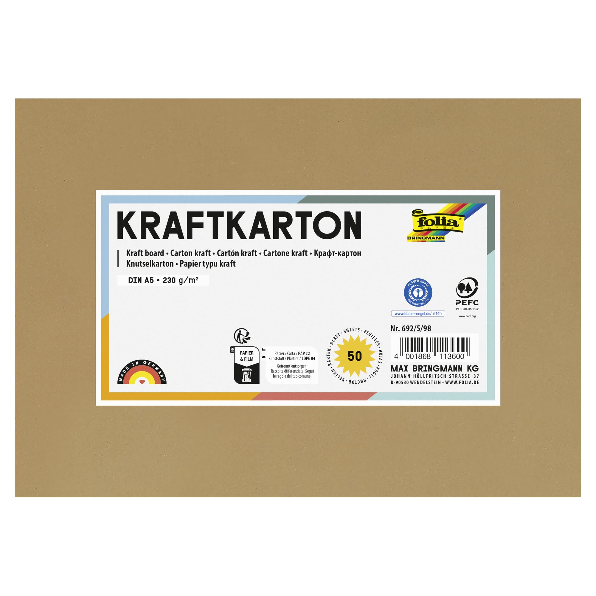 folia 692/5/98 – Natural Kraft Cardboard, 230 g/m², DIN A5, 50 Sheets, for Individual Crafting and Designing of Greeting Cards, Invitations, Place Cards, etc.