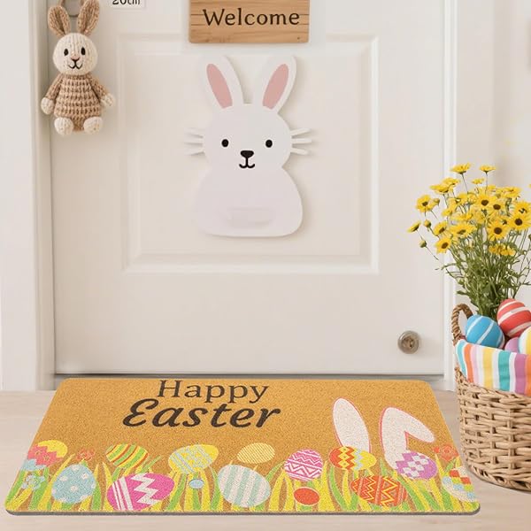 IZUS SPRING HAPPY-EASTER WELCOME-DOORMATS NON-SLIP-COIR OUTDOOR-ENTRANCE-DECOR – FRONT-DOOR-MAT INDOOR HOME PORCH COLORFUL-EGGS/BUNNY-EARS/TULIPS-FLORAL DECOR 17X29INCH