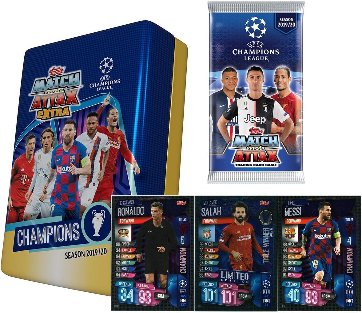 Champions League 2019-20 Topps Match Attax Extra Cards - Mega Tin + Bonus Pack (50 Cards, 15 Exclusive Title Winners + LE Gold Salah Card) Includes Messi & Ronaldo Cards!