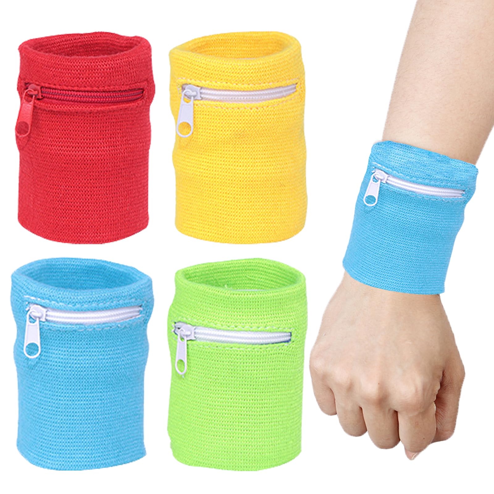 KASESSS 4 Pcs Wrist Wallet with Zippered, Sport Sweat Bands Wristbands, Wrist Sweat Bands Men and Ladies, Sweatband Wrist for Tennis, Basketball, Running, Fitness and Other Outdoor Sports(4 Colors)