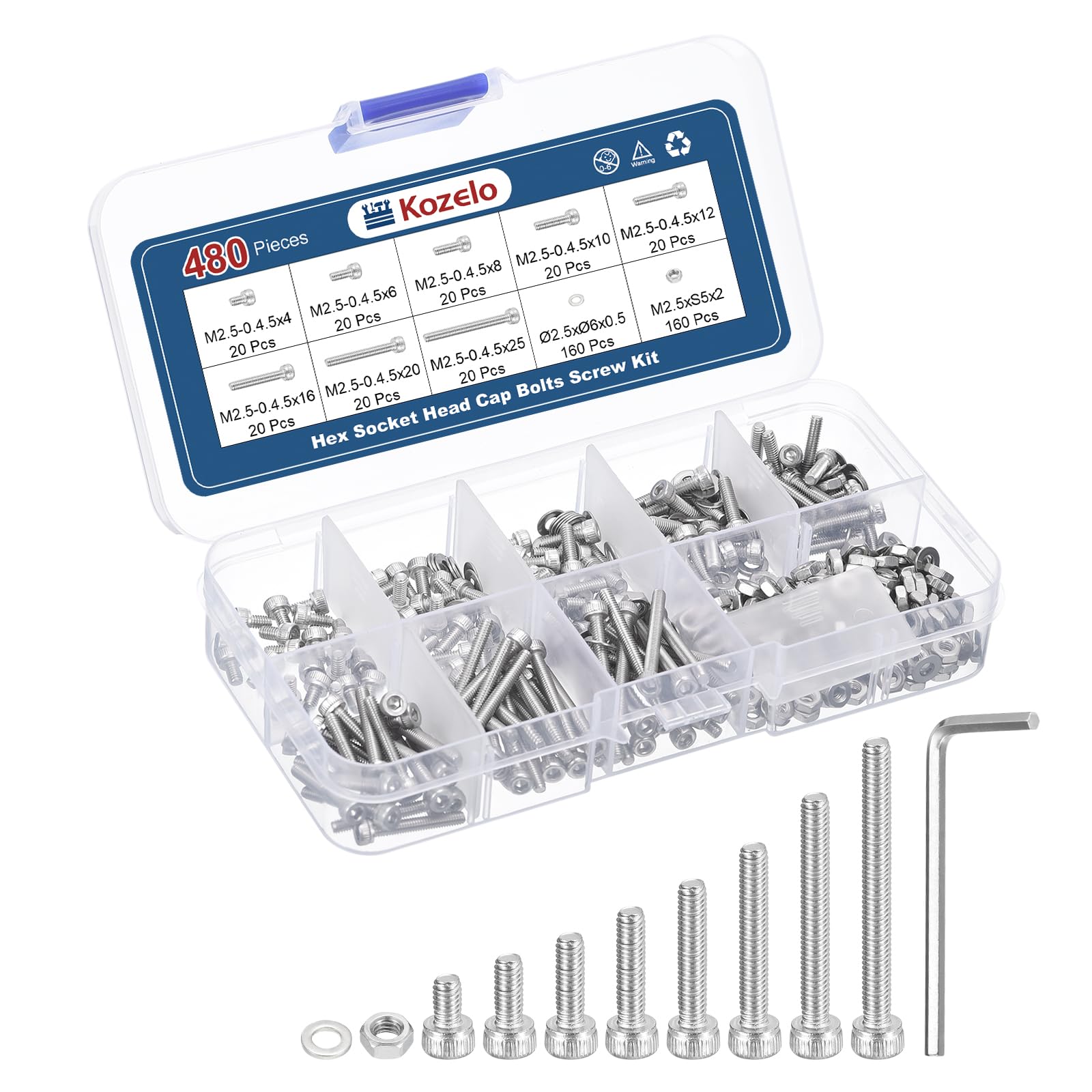 Kozelo 480pcs M2.5 Socket Head Cap Screws Bolts Nuts Assortment Kit - [M2.5x4/6/8/10/12/16/20/25mm] 304 Stainless Steel Allen Socket Drive for 3D Printer with Allen Wrench
