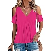 LEIYEE Womens Summer Cold Shoulder Tops Sexy Casual Short Sleeve V Neck Cute Front Knot Ruched Shirred T Shirt Blouse