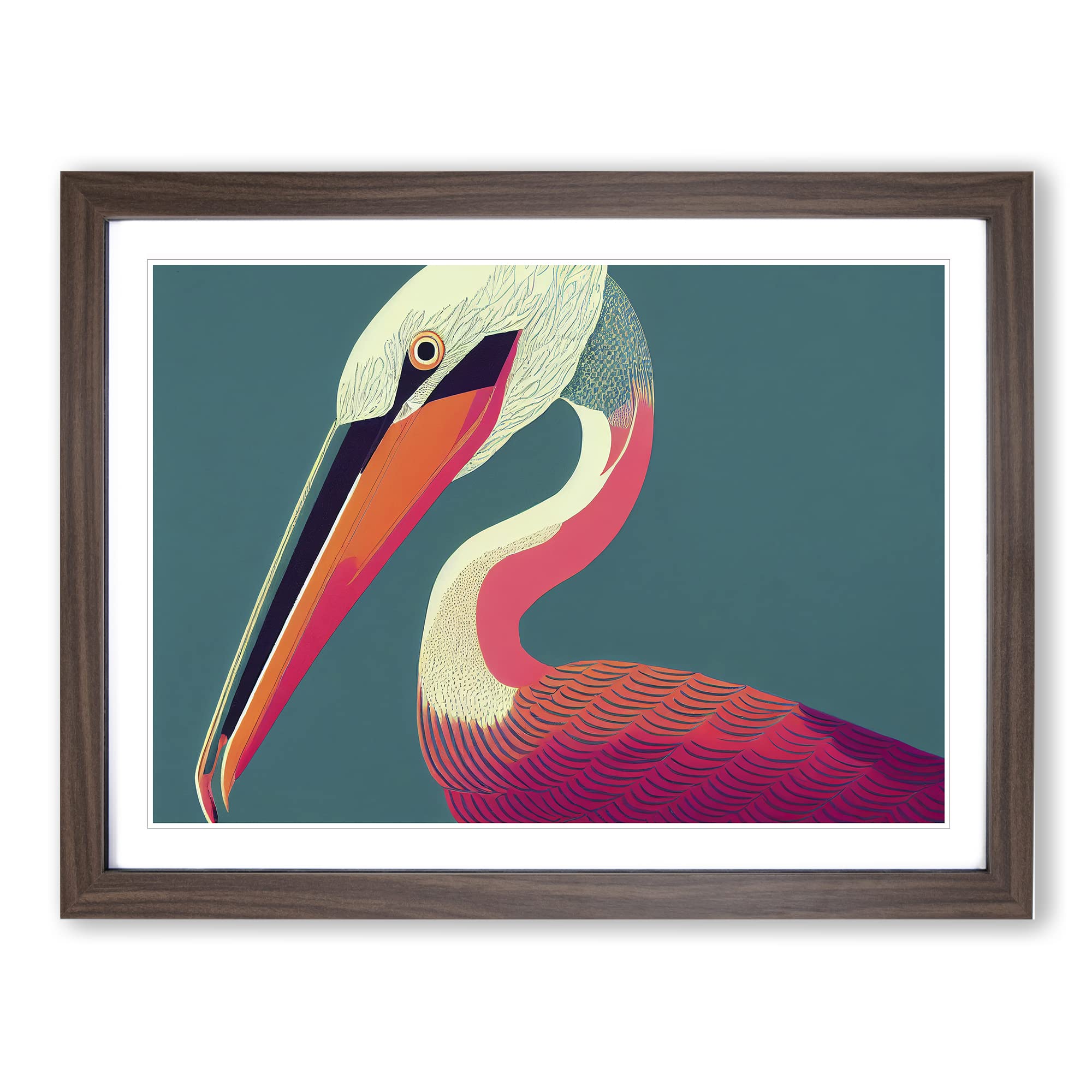 Modern Pelican Abstract Framed Print | A4 Walnut Framed Wall Art | Ready to Hang | Abstract Animal Picture | Living Room Bedroom Lounge Office