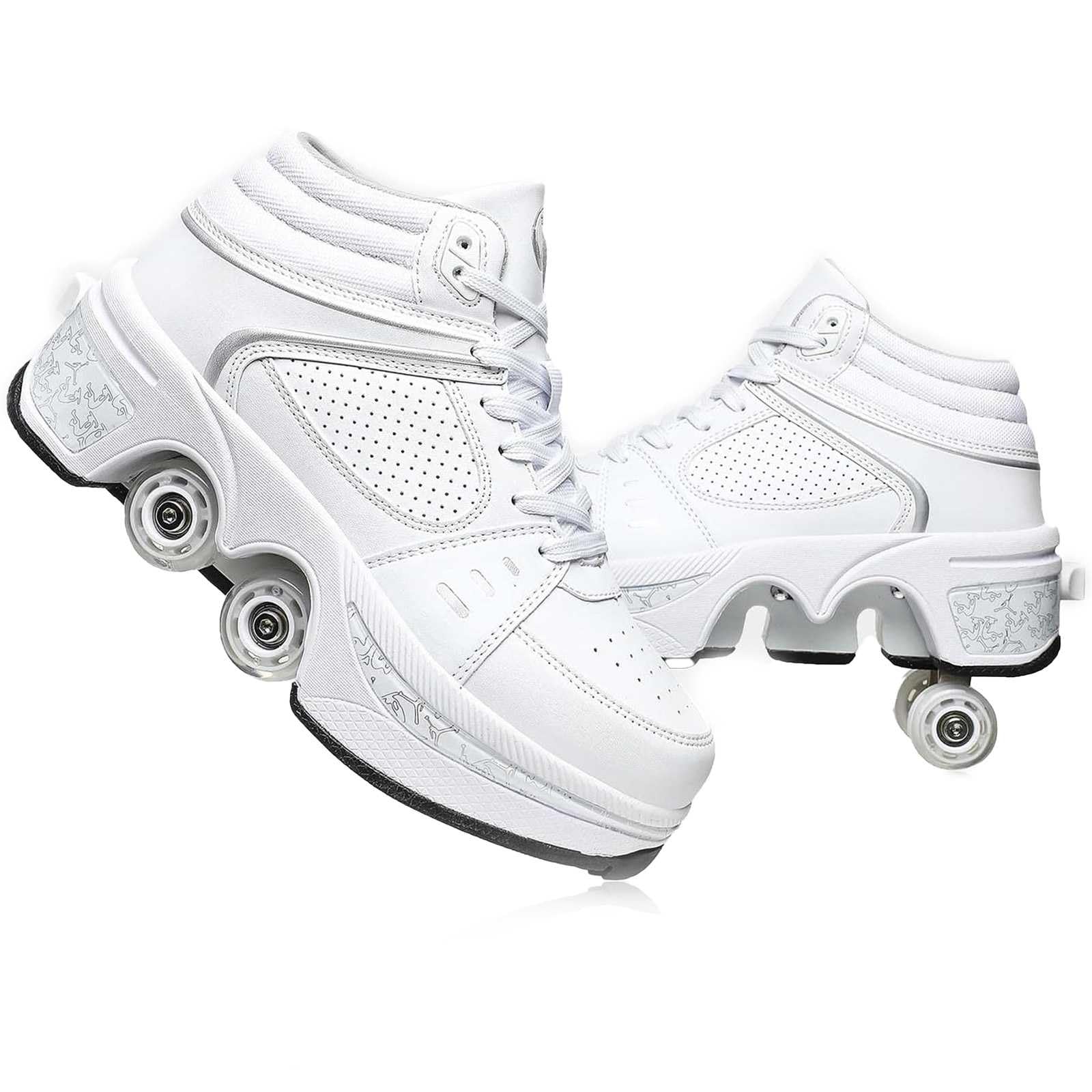 preyrocbirds Shoes with Wheels, LED Luminous Roller Skates, Hidden Wheels, Adjustable Roller Skates for Running Shoes for Playing for Men and Women, White Without Light, 4 UK