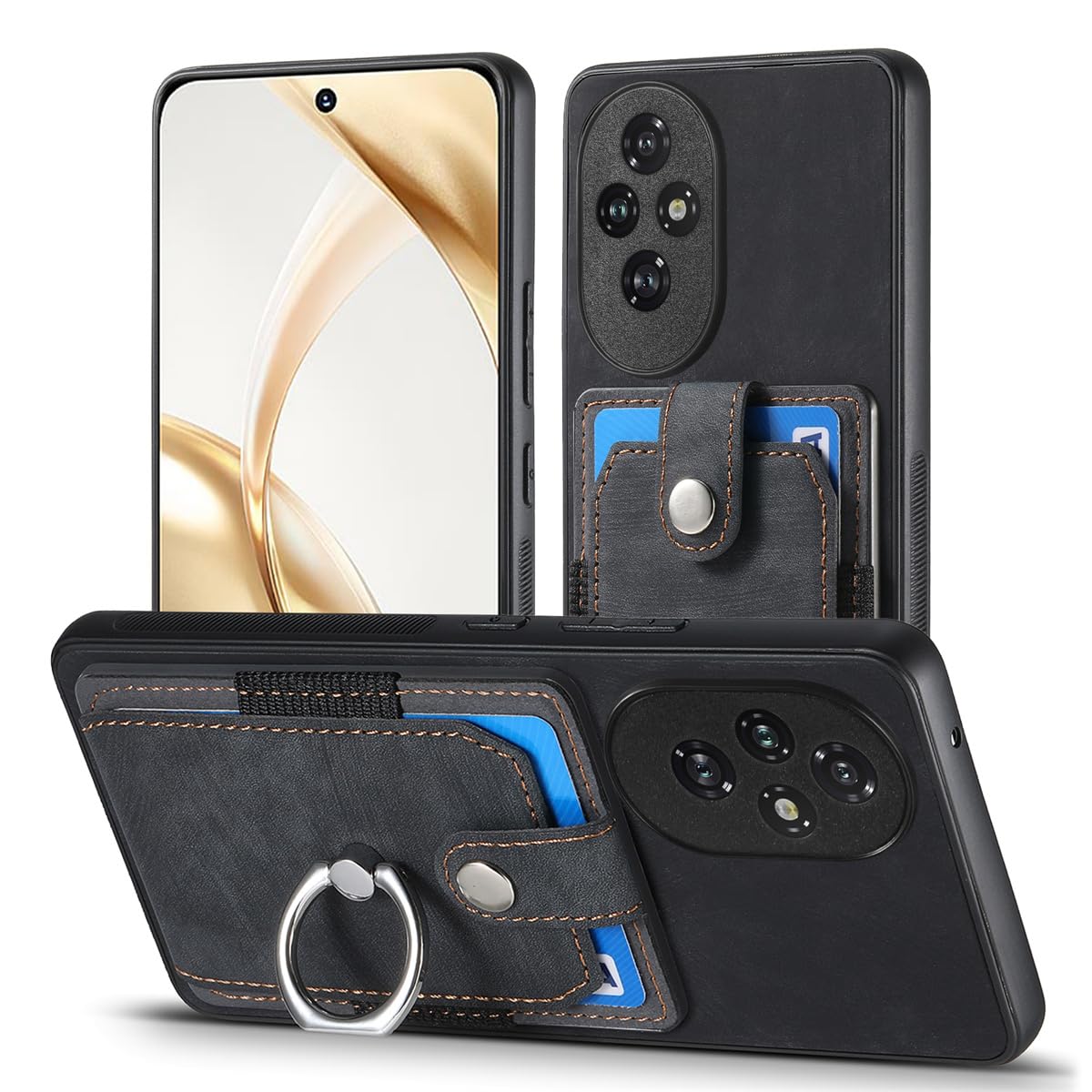 MOJIA Case for Honor 200 Pro, Ultra Thin Card bag Case, TPU Bumper Phone Cover, Card Holder Multifunctional Shell with Bracket Ring. Black