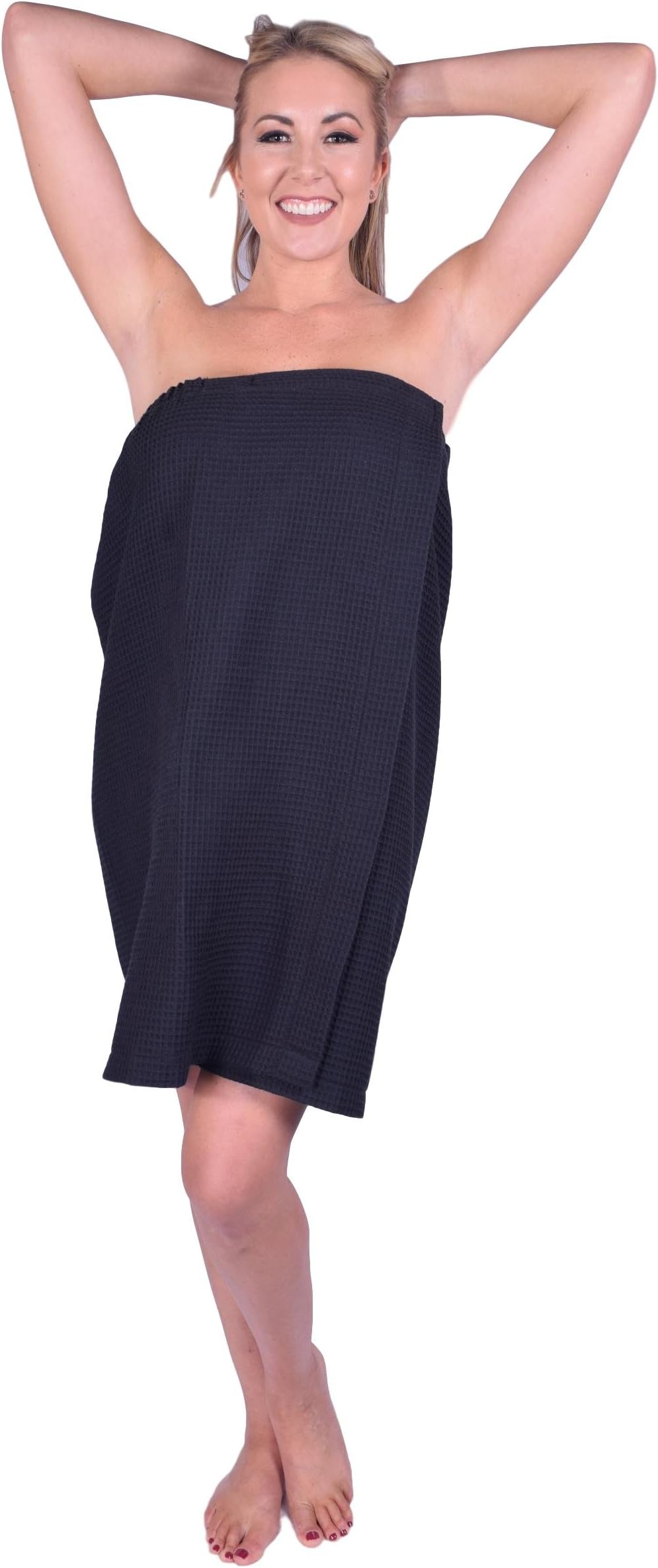 PUFFY COTTON Terry Cotton Shower Spa Wrap, Terry Towel Bath Body Wrap for Women and Men with Adjustable Waist, Wrap Around Towel, Terry Sarong Wrap, Snap Towel (Black, Waffle for Women)