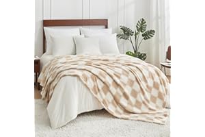 Cozy Bliss Beige Checkered Blanket Queen Size for Bed - Cozy Fuzzy Milkyplush™ Ultra Soft Warm Plush Blanket, Beige 90x90 inches