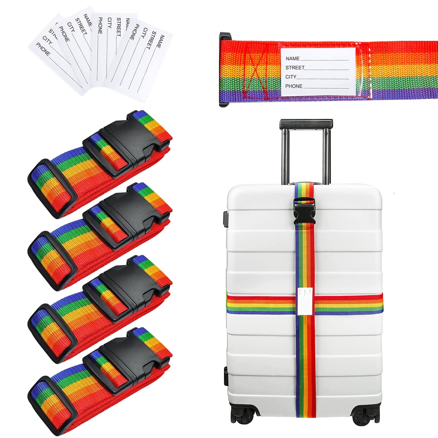 Abnaok Suitcase Straps, 4 Pack Personalised Luggage Straps Adjustable Travel Packing Straps with Quick Release Buckle (Rainbow)