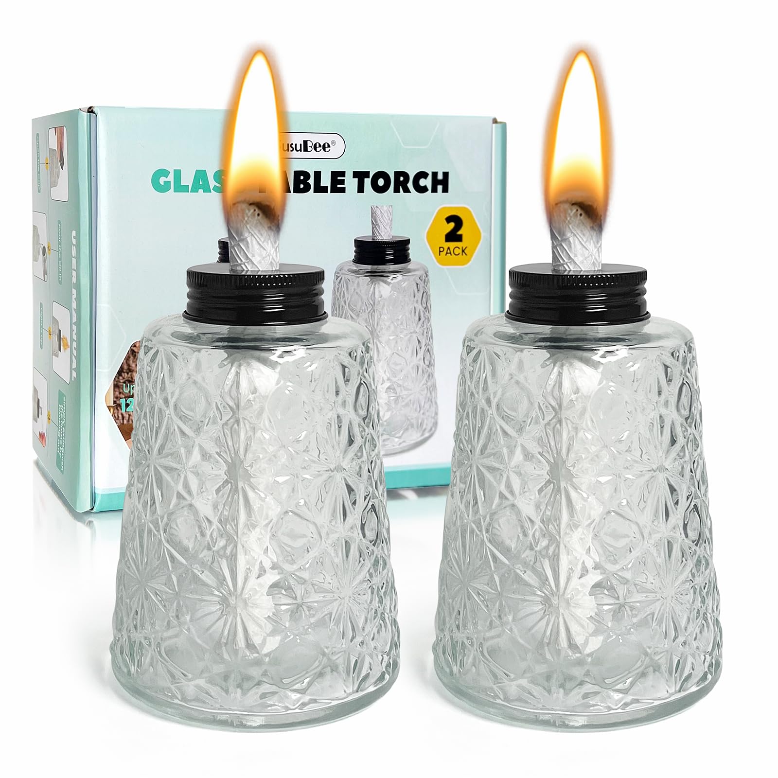 Glass Oil Lamp Table Torch Canisters 2PACK Citronella Oil Burner Torches for Outdoor Patio with Wicks and Cap